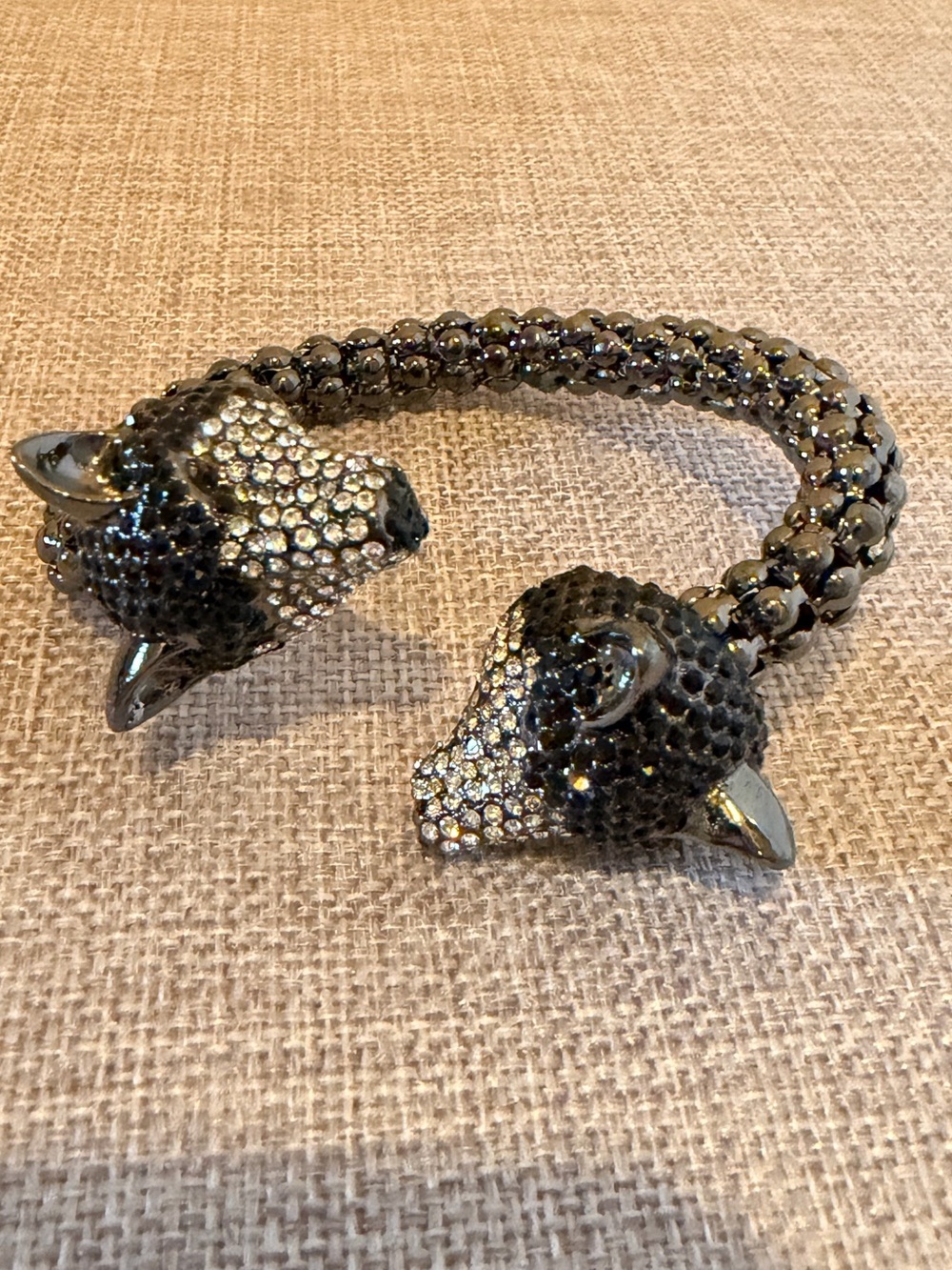 Gunmetal Crystal Wolf Head Cuff Bracelet